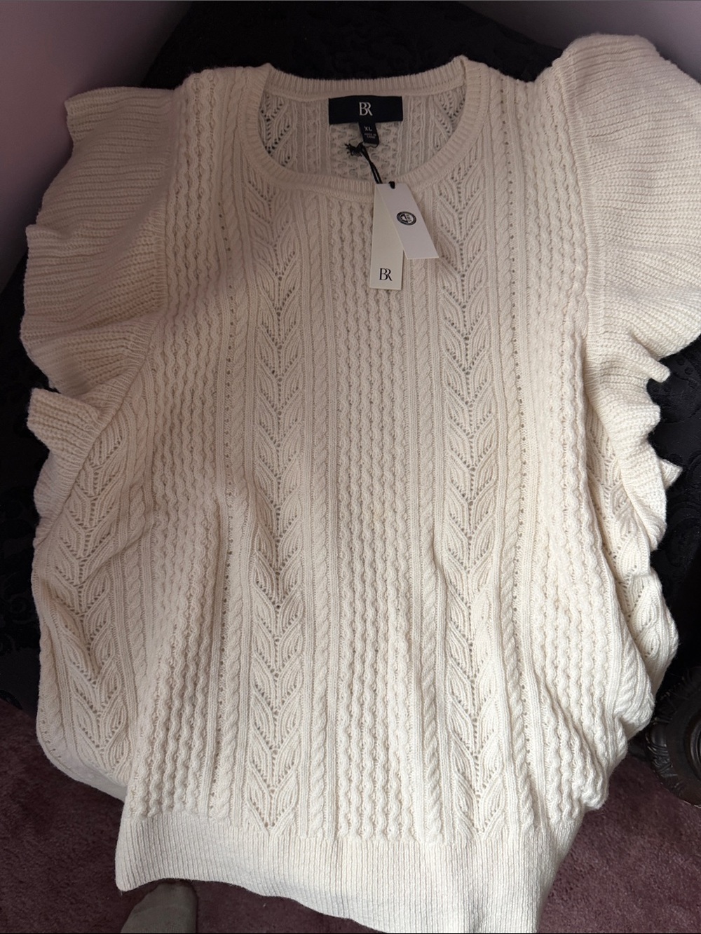 Banana Republic Cream Cable-Knit Ruffle Sleeve Crewneck Sweater